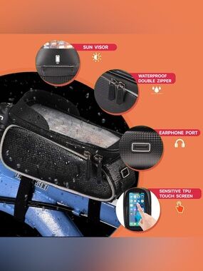 NWT Waterproof Black Bike Top Tube Bag with Touchscreen Phone Pocket
